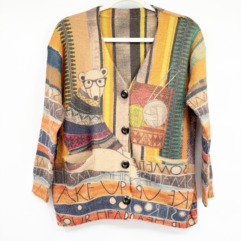 Yesno Womens Polar Bear Knitting Graphic Artsy Grandmacore Cardigan Sweater L